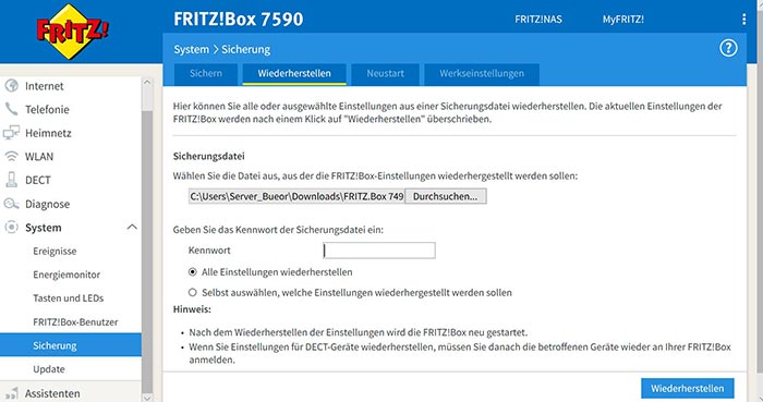 Einlesen der Sicherungsdatei aus der 7490 in die 7590